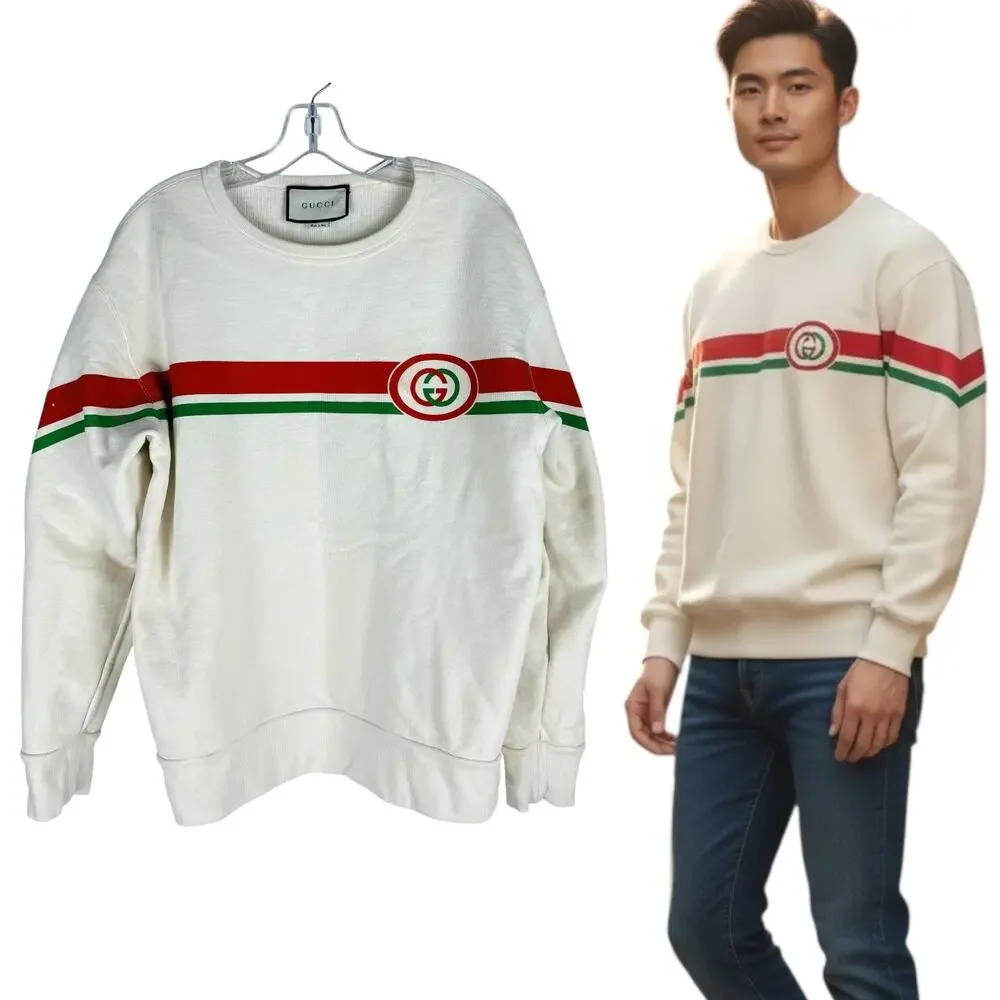 Gucci Interlocking GG Striped Crew Neck Sweater Off White SIze M